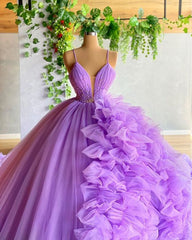 Purple A-line V Neck Tulle Ball Gown Purple Princess Dresses