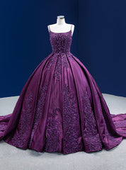 Purple Ball Gown Satin Appliques Pearls Prom Dresses