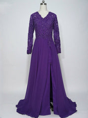 Purple Chiffon Long Sleeves Appliques Mother of the Bride Dresses