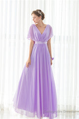 Purple Chiffon V-neck Backless Pleats Long Bridesmaid Dresses