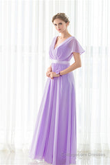 Purple Chiffon V-neck Backless Pleats Long Bridesmaid Dresses