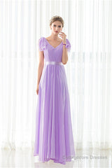 Purple Chiffon V-neck Backless Pleats Long Bridesmaid Dresses