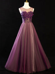 Purple Floral Long Lace Prom Dresses, Purple Floral Long Lace Formal Evening Dresses