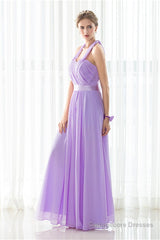 Purple Halter Chiffon Backless Pleats Long Bridesmaid Dresses