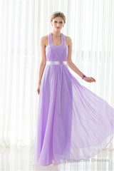 Purple Halter Chiffon Backless Pleats Long Bridesmaid Dresses