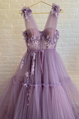 Purple Lace Long Prom Dresses,  A-Line Purple Evening Graduation Dresses