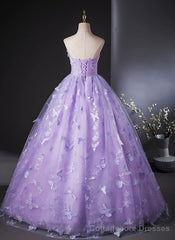 Purple Lace Strapless Floor Length Party Dress, Purple Lace Long Prom Dress