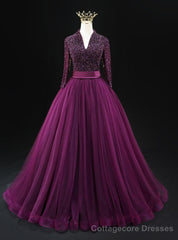 Purple Long Sleeve V-neck Backless Beading Prom Dress