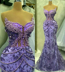 Purple Mermaid Evening Dresses Beaded Formal Prom Gown