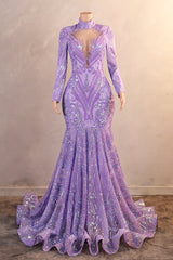 Purple Mermaid Prom Dresses Hight Neck Sequins Long Sleeve Evening Dresses