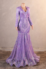 Purple Mermaid Prom Dresses Long Sleeves Sequin Long Evening Dresses