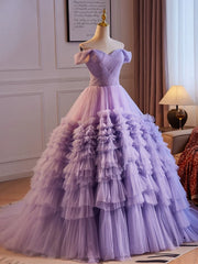 Purple Off Shoulder Sweetheart Tulle Sweet 16 Dresses, Purple Tulle Long Prom Dresses