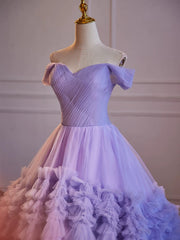 Purple Off Shoulder Sweetheart Tulle Sweet 16 Dresses, Purple Tulle Long Prom Dresses