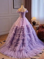 Purple Off Shoulder Sweetheart Tulle Sweet 16 Dresses, Purple Tulle Long Prom Dresses