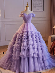 Purple Off Shoulder Sweetheart Tulle Sweet 16 Dresses, Purple Tulle Long Prom Dresses