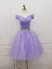 Purple Off Shoulder Tulle Sequin Prom Dress Purple Puffy Homecoming Dress