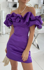 Purple Off the Shoulder Bodycon Homecoming Dresses Satin Maxi Cocktail Dresses