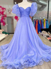 Purple Organza Puff Sleeve Pleats Prom Dresses