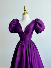 Purple Satin A-line Short Sleeves Long Formal Dresses, Purple  Prom Dresses