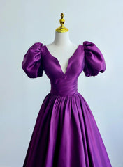 Purple Satin A-line Short Sleeves Long Formal Dresses, Purple  Prom Dresses