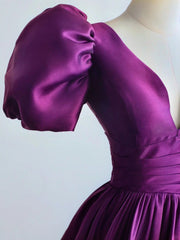 Purple Satin A-line Short Sleeves Long Formal Dresses, Purple  Prom Dresses