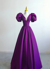 Purple Satin A-line Short Sleeves Long Formal Dresses, Purple  Prom Dresses