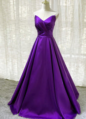 Purple Satin A-line Simple Floor Length Evening Dresses Formal Dresses, Dark Purple Prom Dresses