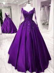 Purple Satin Long Sleeves with Lace Applique Party Dresses, A-line Sweet 16 Dresses