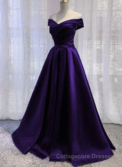 Purple Satin Off Shoulder Long Prom Dress,A-line Simple Women Formal Dresses