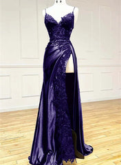 Purple Satin with Lace V-neckline Straps Long Party Dresses, Black Prom Dresses