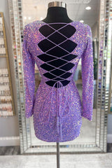 Purple Sequin Lace-Up Short Party Dresses with Long Sleeves