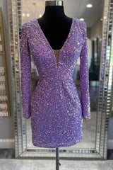 Purple Sequin Lace-Up Short Party Dresses with Long Sleeves