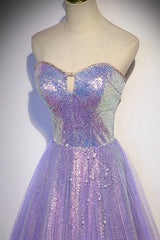 Purple Sequins Long A-Line Prom Dress, Purple Strapless Evening Graduation Dress