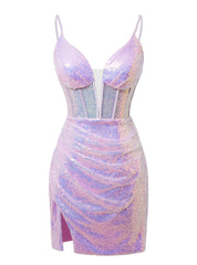 Purple Sheath Sequins Spaghetti Straps Homecoming Dresses