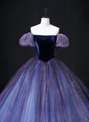 Purple Short Sleeves Tulle and Velvet Formal Dresses, Purple Tulle Prom Dresses