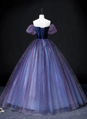 Purple Short Sleeves Tulle and Velvet Formal Dresses, Purple Tulle Prom Dresses