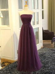 Purple Strapless Pleats Tulle Bridesmaid Dresses