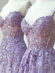 Purple sweetheart neck lace long prom dress, lace formal graduation dress