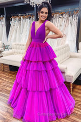 Purple Tiered Tulle A-Line Prom Dress