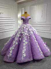 Purple Tulle 3d White Appliques Prom Dresses