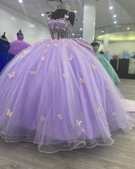 Purple Tulle Ball Gown With Butterflies,Sweet 16 Dress,Purple Princess Dress