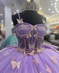 Purple Tulle Ball Gown With Butterflies,Sweet 16 Dress,Purple Princess Dress