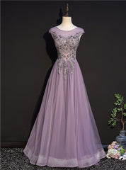 Purple Tulle Cap Sleeve Appliques Beading Prom Dress