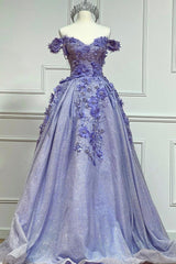 Purple Tulle Lace Floor Length Prom Dresses, Off the Shoulder Evening Dresses