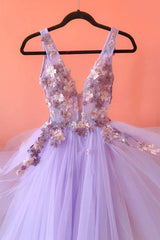 Purple Tulle Lace Long A-Line Prom Dresses, V-Neck Evening Party Dresses