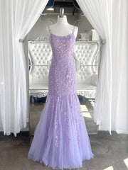 Purple tulle lace mermaid long prom Dresses, purple lace evening Dresses