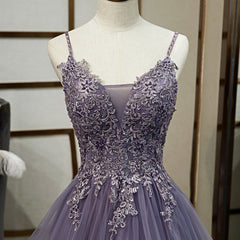 Purple Tulle Layers Long Formal Gown, Lace Applique Top Party Dresses