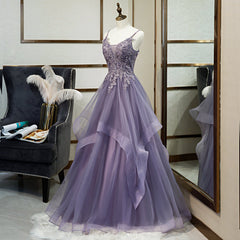 Purple Tulle Layers Long Formal Gown, Lace Applique Top Party Dresses