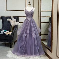 Purple Tulle Layers Long Formal Gown, Lace Applique Top Party Dresses