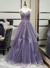 Purple Tulle Layers Long Formal Gown, Lace Applique Top Party Dresses